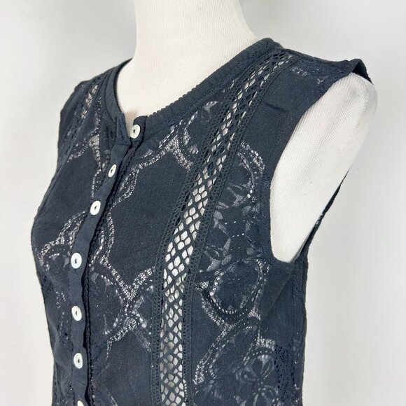 Free People Black Lace Sheer Button Front Sleeveless Top Size Large Women's - Picture 3 of 5